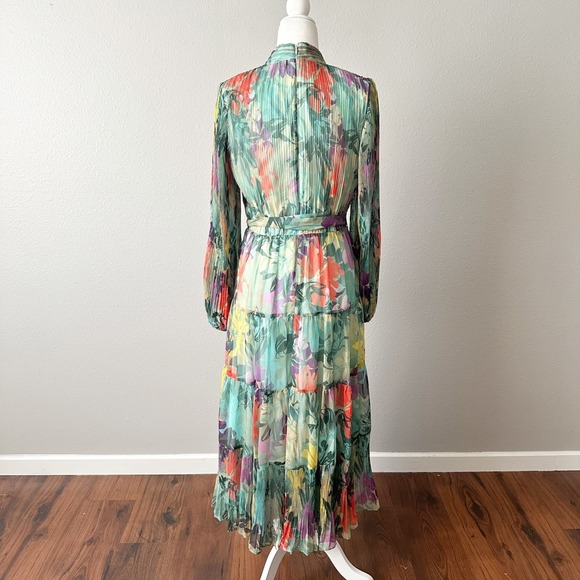 Alex‎ Marie Long Sleeve Green Floral Pleated Belted Midi Dress Women's Size 8 - Picture 5 of 12